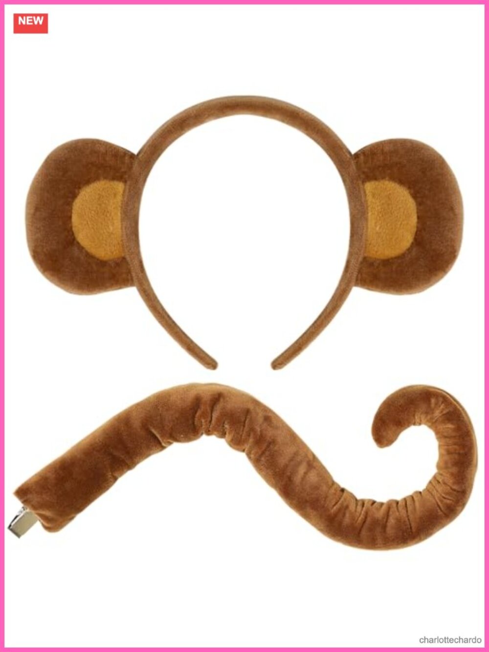 Monkey Costume Accessory Set Faux Fur Ears Headband and Clip-On Tail